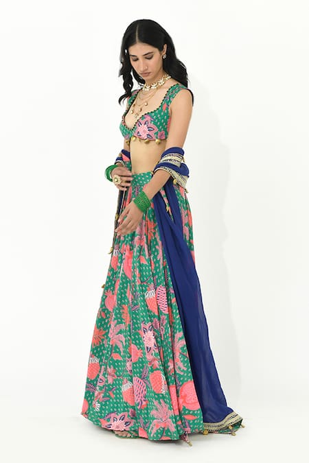 Buy_Rishi and Vibhuti_Green Organza, Crepe, Chiffon Beads Sweetheart Boho Florette Print Lehenga Set _Online_at_Aza_Fashions