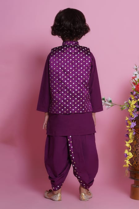 Little Bansi_Purple Cotton, Silk Embroidery Kurta Set _Online_at_Aza_Fashions