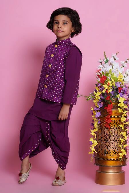 Buy_Little Bansi_Purple Cotton, Silk Embroidery Kurta Set _Online_at_Aza_Fashions