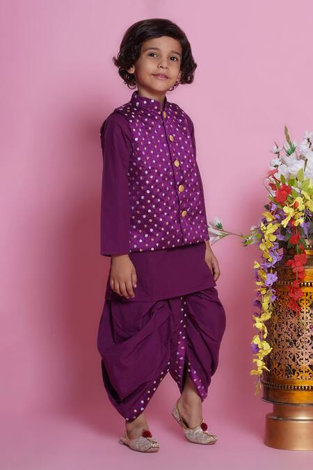 Shop_Little Bansi_Purple Cotton, Silk Embroidery Kurta Set _Online_at_Aza_Fashions