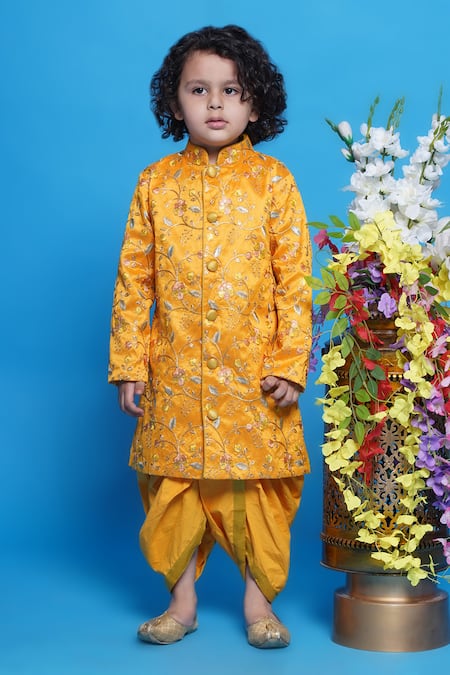 Little Bansi Yellow Sherwani Mulberry Silk Embroidered Floral Set 