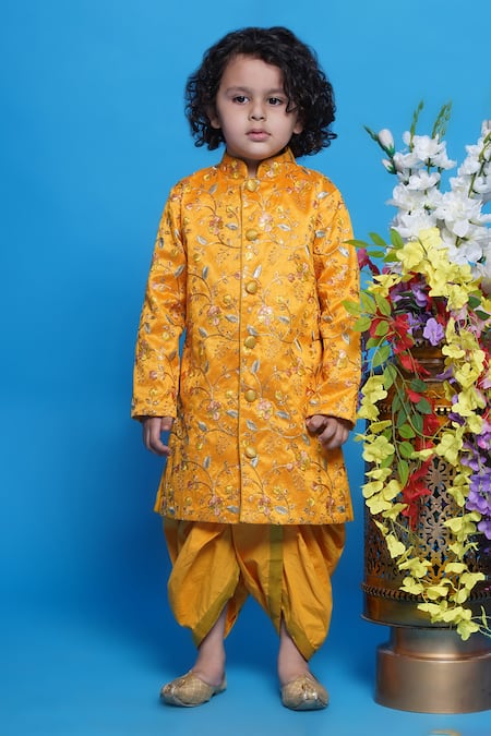 Little Bansi_Yellow Silk, Cotton Embroidery Floral Sherwani Set _Online_at_Aza_Fashions