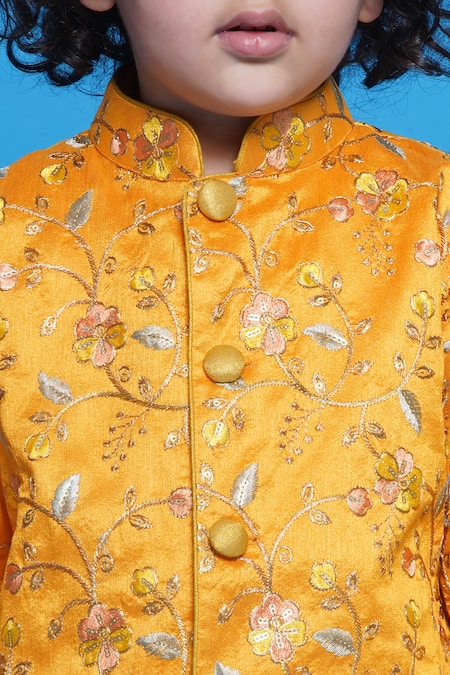 Buy_Little Bansi_Yellow Silk, Cotton Embroidery Floral Sherwani Set _Online_at_Aza_Fashions