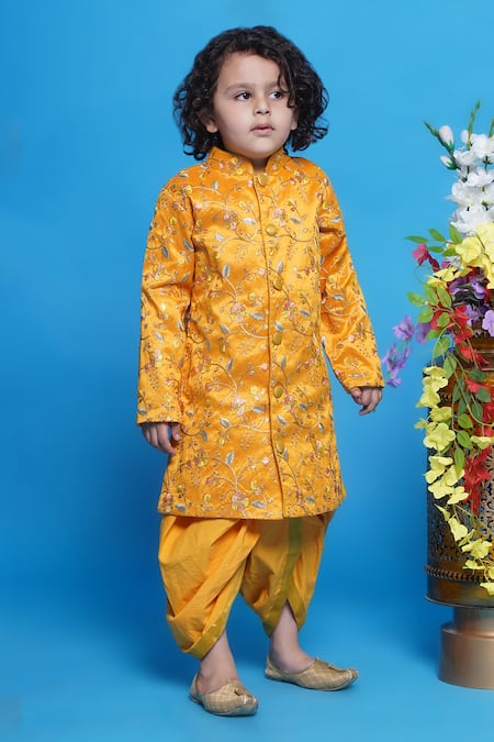 Little Bansi_Yellow Silk, Cotton Embroidery Floral Sherwani Set _at_Aza_Fashions