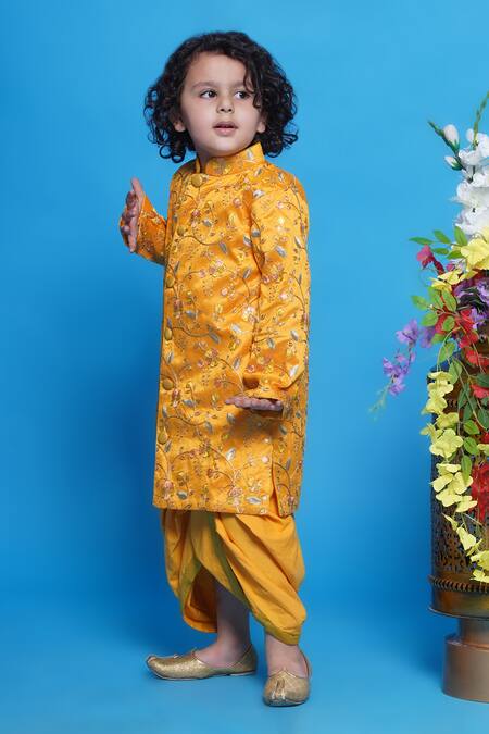 Buy_Little Bansi_Yellow Silk, Cotton Embroidery Floral Sherwani Set 