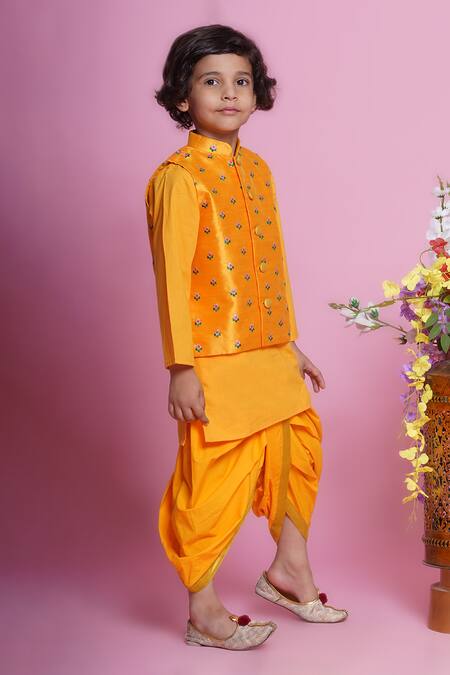 Buy_Little Bansi_Yellow Cotton, Silk Embroidery Floral Kurta Set _Online_at_Aza_Fashions