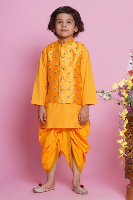 Little Bansi_Yellow Cotton, Silk Embroidery Floral Kurta Set _at_Aza_Fashions