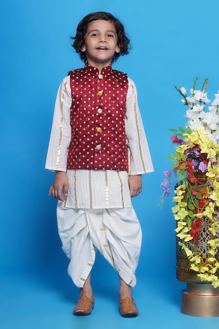 Little Bansi Cream Bundi Mulberry Silk Embroidered Floral Stripe Kurta Set With 