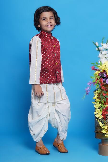 Little Bansi_Cream Cotton, Silk Embroidery Floral Bundi Kurta Set _Online_at_Aza_Fashions