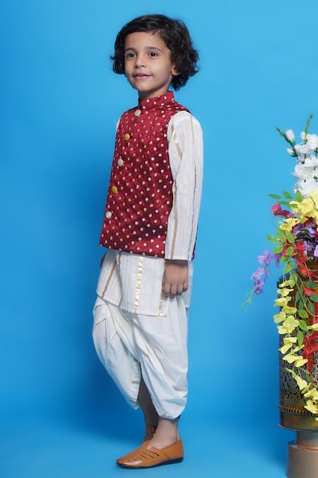 Buy_Little Bansi_Cream Cotton, Silk Embroidery Floral Bundi Kurta Set _Online_at_Aza_Fashions
