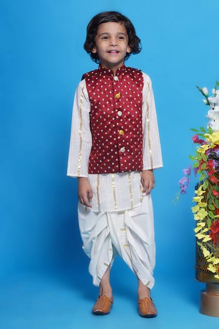 Shop_Little Bansi_Cream Cotton, Silk Embroidery Floral Bundi Kurta Set _Online_at_Aza_Fashions