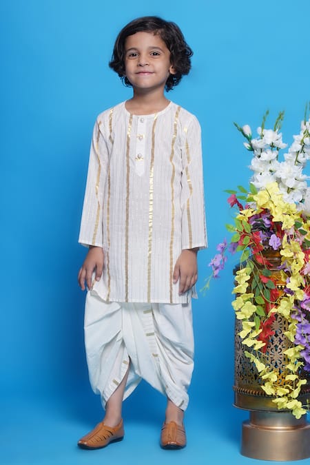 Buy_Little Bansi_Cream Cotton, Silk Embroidery Floral Bundi Kurta Set 