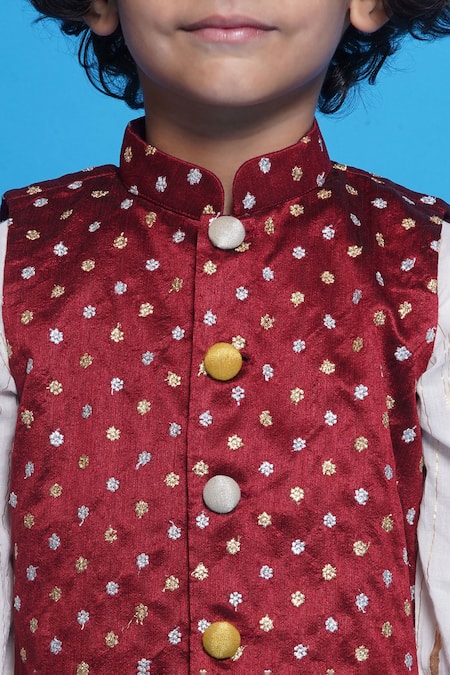 Shop_Little Bansi_Cream Cotton, Silk Embroidery Floral Bundi Kurta Set 