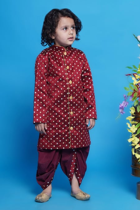 Little Bansi_Maroon Silk, Cotton Embroidery Flower Sherwani With Dhoti Pant _Online_at_Aza_Fashions