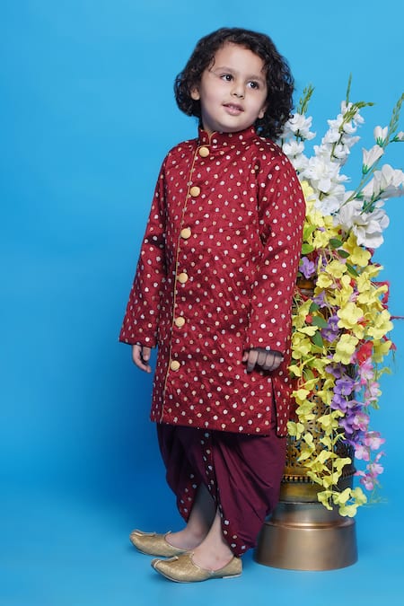 Buy_Little Bansi_Maroon Silk, Cotton Embroidery Flower Sherwani With Dhoti Pant _Online_at_Aza_Fashions