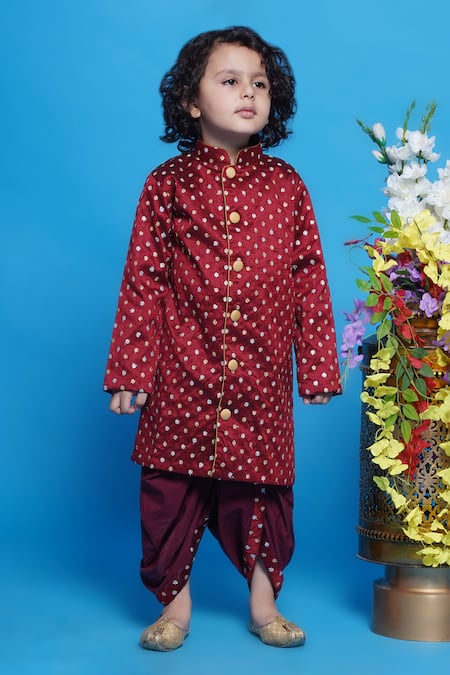 Shop_Little Bansi_Maroon Silk, Cotton Embroidery Flower Sherwani With Dhoti Pant _Online_at_Aza_Fashions