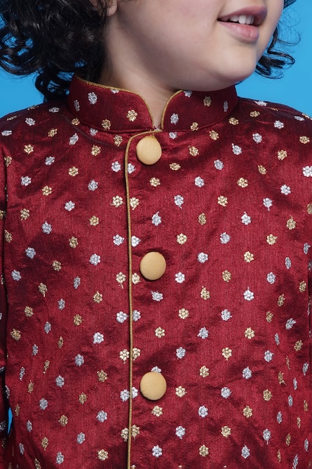 Buy_Little Bansi_Maroon Silk, Cotton Embroidery Flower Sherwani With Dhoti Pant 