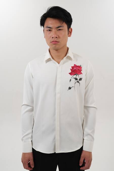 Buy House Of Koa White Cotton Satin Handpainted Rose Garden Shirt Online at Aza Fashions Buy_House Of Koa_White Cotton Satin Handpainted Rose Garden Shirt _Online_at_Aza_Fashions