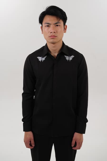 Buy House Of Koa Black Crepe Embroidered Thread Butterfly Reverie Shirt Online at Aza Fashions Buy_House Of Koa_Black Crepe Embroidered Thread Butterfly Reverie Shirt _Online_at_Aza_Fashions