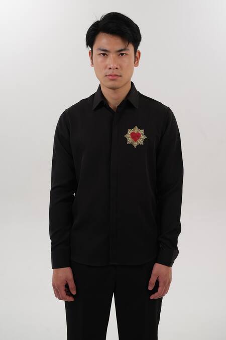 House Of Koa_Black Crepe Embroidered Thread Love Struck Shirt _at_Aza_Fashions