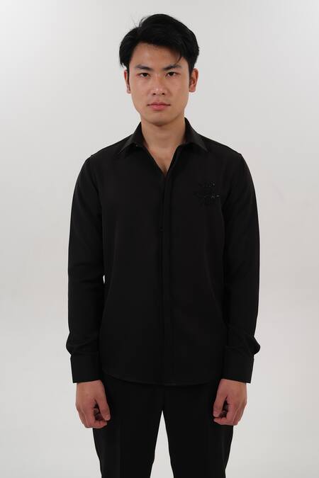 Buy_House Of Koa_Black Crepe Embroidered Sequin And Glassbead Shirt _Online_at_Aza_Fashions
