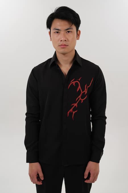 Shop House Of Koa Black Crepe Embroidered Glassbead Love Is On Fire Shirt Online at Aza Fashions Shop_House Of Koa_Black Crepe Embroidered Glassbead Love Is On Fire Shirt _Online_at_Aza_Fashions