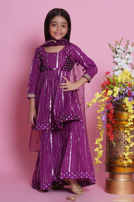 Little Bansi Purple Kurta And Sharara Cotton Lurex Embroidered Abstract Ghungroo Set 