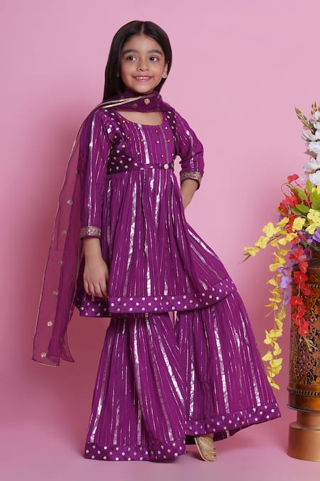 Buy Little Bansi Purple Cotton, Net Embroidery Ghungroo Kurta Sharara Set Online at Aza Fashions Buy_Little Bansi_Purple Cotton, Net Embroidery Ghungroo Kurta Sharara Set _Online_at_Aza_Fashions