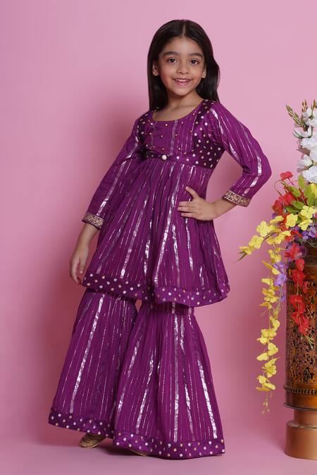 Shop Little Bansi Purple Cotton, Net Embroidery Ghungroo Kurta Sharara Set Online at Aza Fashions Shop_Little Bansi_Purple Cotton, Net Embroidery Ghungroo Kurta Sharara Set _Online_at_Aza_Fashions