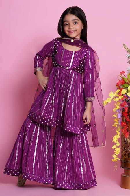 Little Bansi Purple Cotton, Net Embroidery Ghungroo Kurta Sharara Set at Aza Fashions Little Bansi_Purple Cotton, Net Embroidery Ghungroo Kurta Sharara Set _at_Aza_Fashions