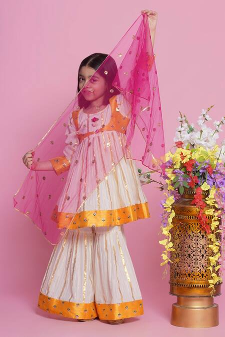 Little Bansi_Cream Cotton, Net Embroidery Floral Kurta Sharara Set _at_Aza_Fashions