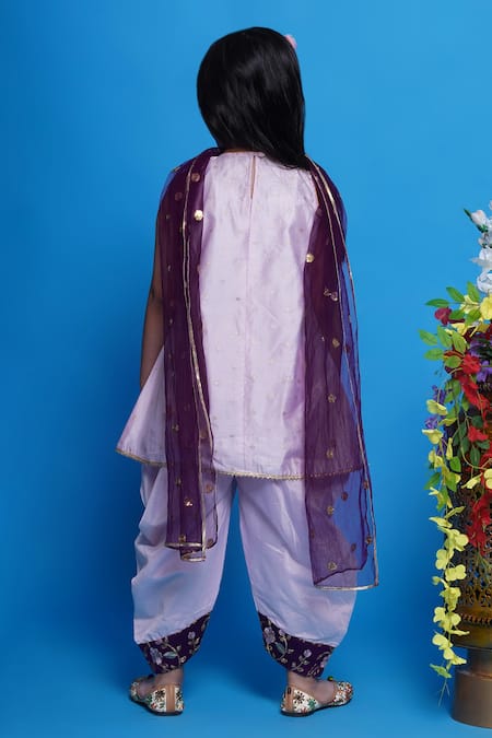 Shop Little Bansi Purple Chanderi Silk, Cotton, Net Embroidery Floral Kurta Salwar Set at Aza Fashions Shop_Little Bansi_Purple Chanderi Silk, Cotton, Net Embroidery Floral Kurta Salwar Set _at_Aza_Fashions