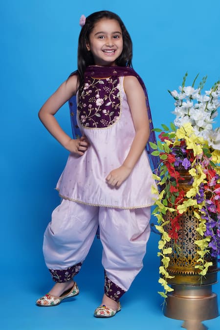 Shop Little Bansi Purple Chanderi Silk, Cotton, Net Embroidery Floral Kurta Salwar Set Online at Aza Fashions Shop_Little Bansi_Purple Chanderi Silk, Cotton, Net Embroidery Floral Kurta Salwar Set _Online_at_Aza_Fashions