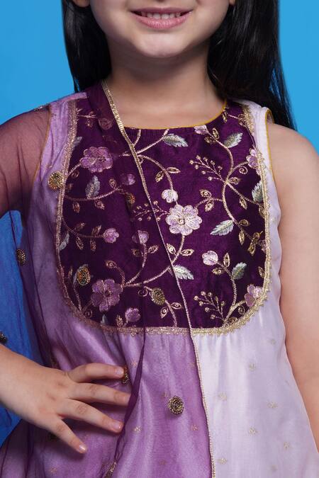 Buy Little Bansi Purple Chanderi Silk, Cotton, Net Embroidery Floral Kurta Salwar Set Buy_Little Bansi_Purple Chanderi Silk, Cotton, Net Embroidery Floral Kurta Salwar Set