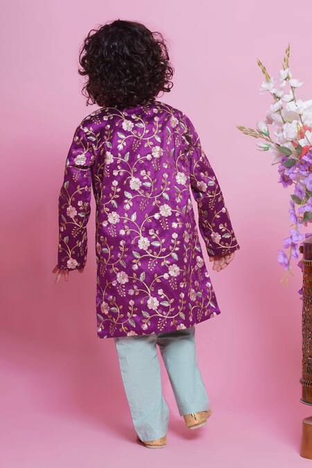 Shop Little Bansi Purple Silk, Cotton Embroidery Floral Sherwani With Pyjama at Aza Fashions Shop_Little Bansi_Purple Silk, Cotton Embroidery Floral Sherwani With Pyjama _at_Aza_Fashions