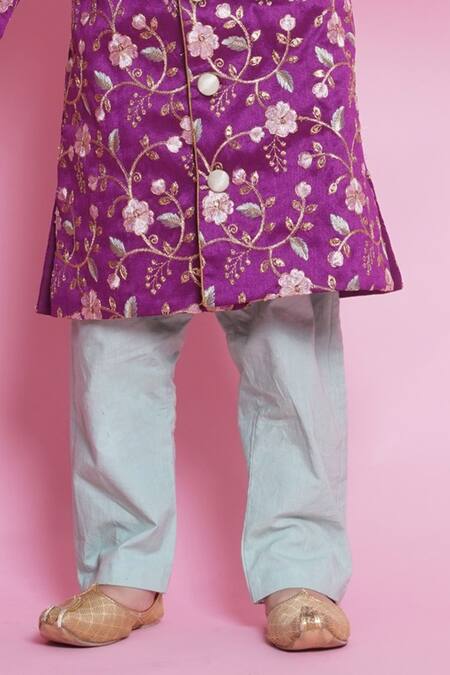 Little Bansi Purple Silk, Cotton Embroidery Floral Sherwani With Pyjama Online at Aza Fashions Little Bansi_Purple Silk, Cotton Embroidery Floral Sherwani With Pyjama _Online_at_Aza_Fashions