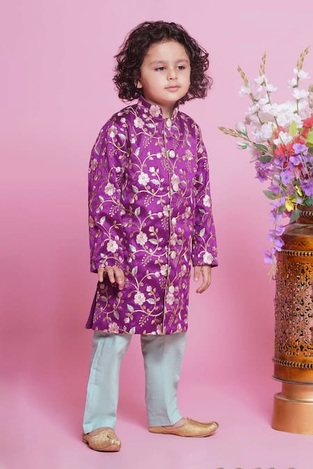 Buy Little Bansi Purple Silk, Cotton Embroidery Floral Sherwani With Pyjama Online at Aza Fashions Buy_Little Bansi_Purple Silk, Cotton Embroidery Floral Sherwani With Pyjama _Online_at_Aza_Fashions