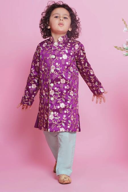 Shop Little Bansi Purple Silk, Cotton Embroidery Floral Sherwani With Pyjama Online at Aza Fashions Shop_Little Bansi_Purple Silk, Cotton Embroidery Floral Sherwani With Pyjama _Online_at_Aza_Fashions