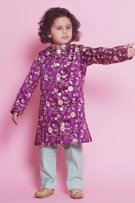 Little Bansi_Purple Silk, Cotton Embroidery Floral Sherwani With Pyjama _at_Aza_Fashions