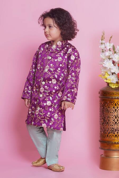 Buy Little Bansi Purple Silk, Cotton Embroidery Floral Sherwani With Pyjama Buy_Little Bansi_Purple Silk, Cotton Embroidery Floral Sherwani With Pyjama