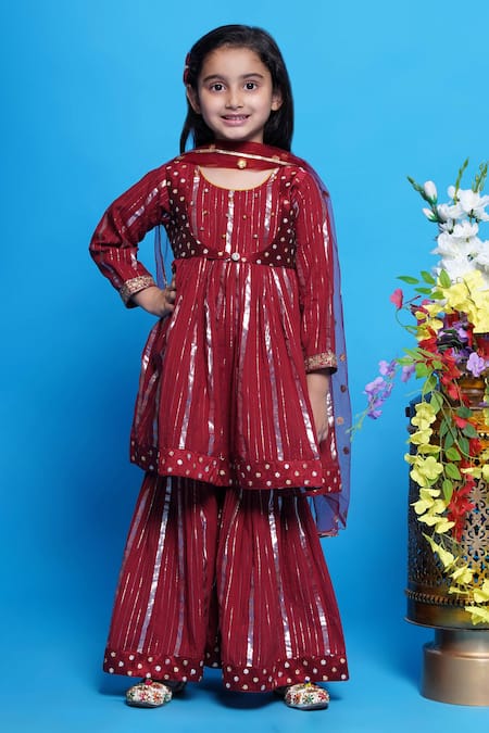 Little Bansi Maroon Cotton Embroidered Abstract Kurta Sharara Set 