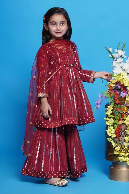 Little Bansi_Maroon Cotton, Net Embroidery, Sequins Abstract Kurta Sharara Set _Online_at_Aza_Fashions