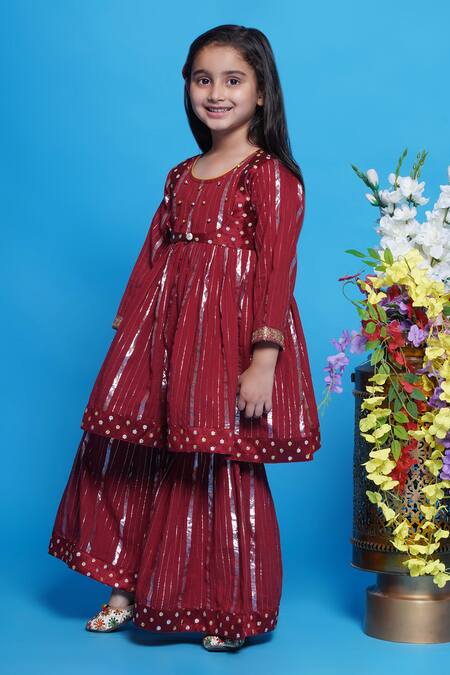 Buy_Little Bansi_Maroon Cotton, Net Embroidery, Sequins Abstract Kurta Sharara Set _Online_at_Aza_Fashions