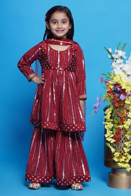 Shop_Little Bansi_Maroon Cotton, Net Embroidery, Sequins Abstract Kurta Sharara Set _Online_at_Aza_Fashions
