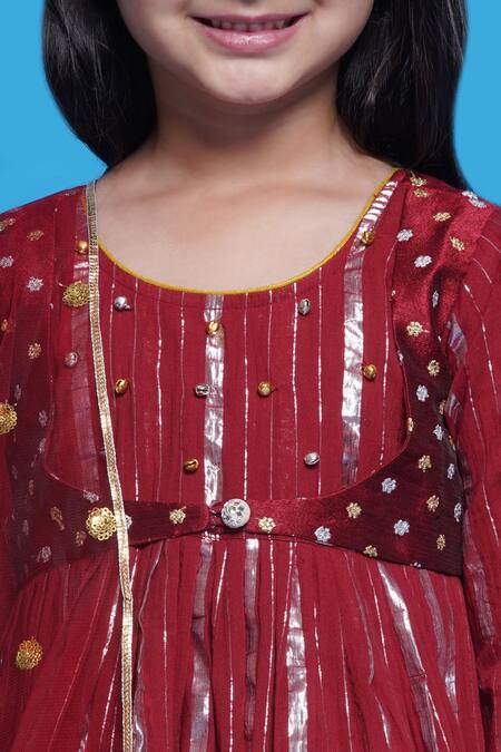 Buy_Little Bansi_Maroon Cotton, Net Embroidery, Sequins Abstract Kurta Sharara Set 
