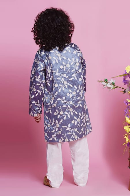 Shop Little Bansi Grey Silk, Cotton Embroidery Leaf Sherwani With Pyjama at Aza Fashions Shop_Little Bansi_Grey Silk, Cotton Embroidery Leaf Sherwani With Pyjama _at_Aza_Fashions