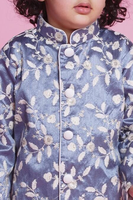 Little Bansi_Grey Silk, Cotton Embroidery Leaf Sherwani With Pyjama _Online_at_Aza_Fashions