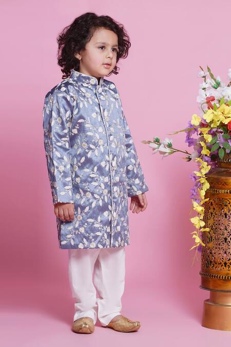 Buy Little Bansi Grey Silk, Cotton Embroidery Leaf Sherwani With Pyjama Online at Aza Fashions Buy_Little Bansi_Grey Silk, Cotton Embroidery Leaf Sherwani With Pyjama _Online_at_Aza_Fashions