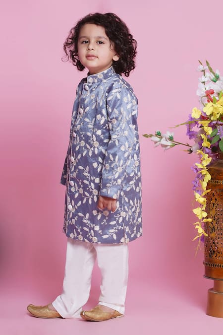 Shop Little Bansi Grey Silk, Cotton Embroidery Leaf Sherwani With Pyjama Online at Aza Fashions Shop_Little Bansi_Grey Silk, Cotton Embroidery Leaf Sherwani With Pyjama _Online_at_Aza_Fashions