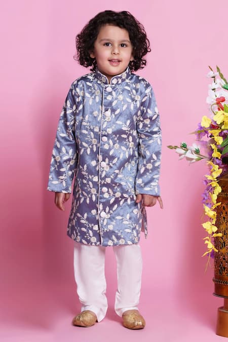 Buy Little Bansi Grey Silk, Cotton Embroidery Leaf Sherwani With Pyjama Buy_Little Bansi_Grey Silk, Cotton Embroidery Leaf Sherwani With Pyjama